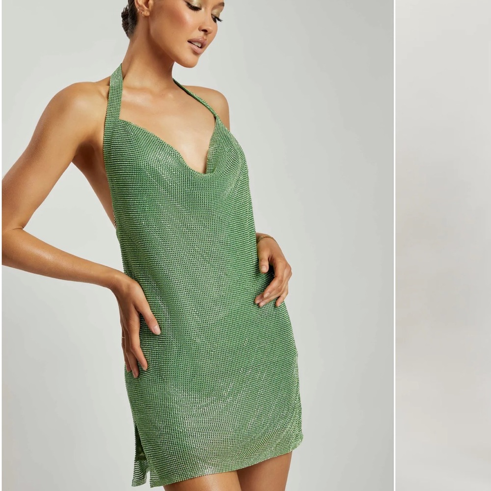 MESHKI • Low Back Diamante Mesh Mini Dress - Green - Medium
